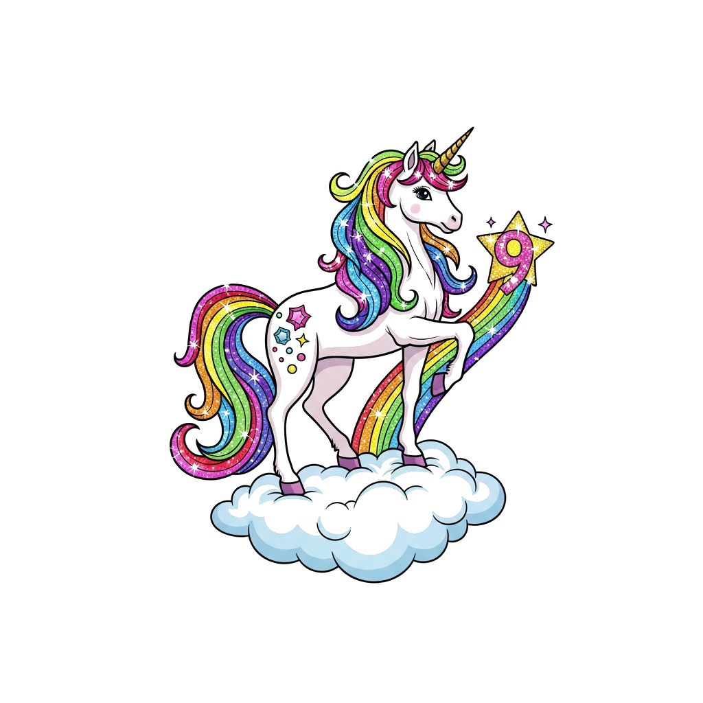 Custom design: A majestic, glamorous unicorn with a flowing rainbow mane and tail, adorned with sparkling glitter and jewels, standi...