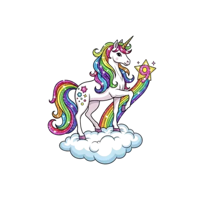 Design: A majestic, glamorous unicorn with a flowing rainbow mane and tail, adorned w...