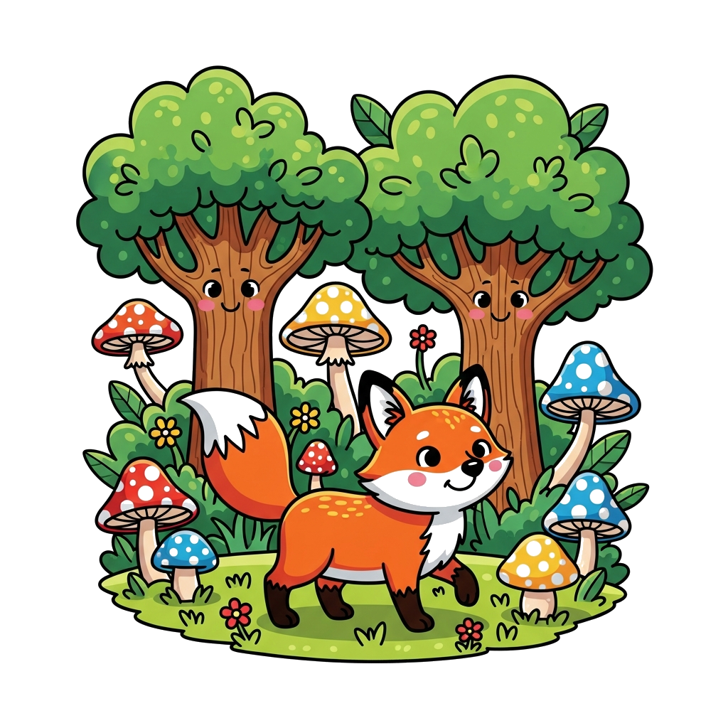 Custom design: A cheerful, cute cartoon fox exploring a lush green forest, surrounded by friendly, smiling trees and colorful mushro...