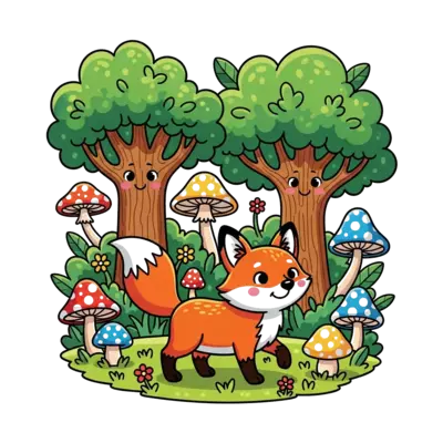 Design: A cheerful, cute cartoon fox exploring a lush green forest, surrounded by fri...