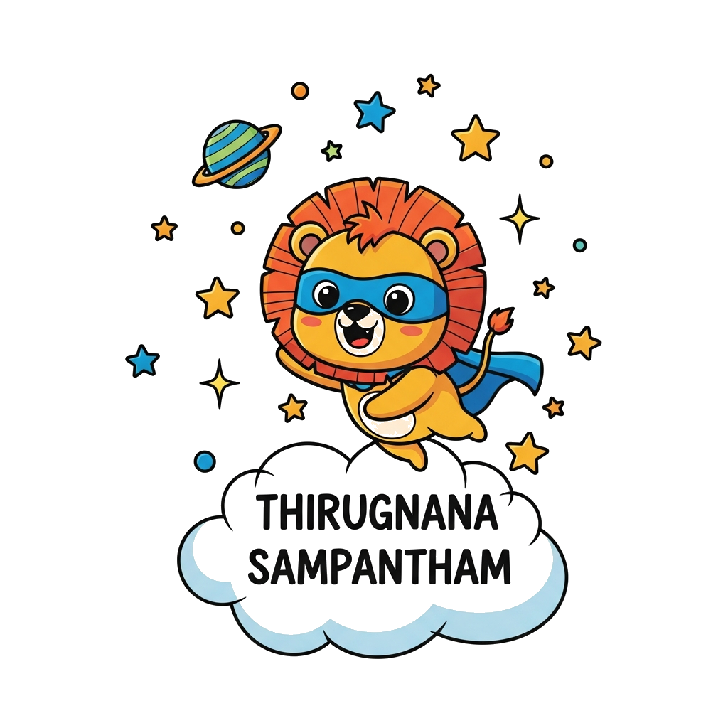 Custom design: A super cute cartoon baby lion wearing a tiny superhero cape and mask, flying through a starry sky filled with twinkl...