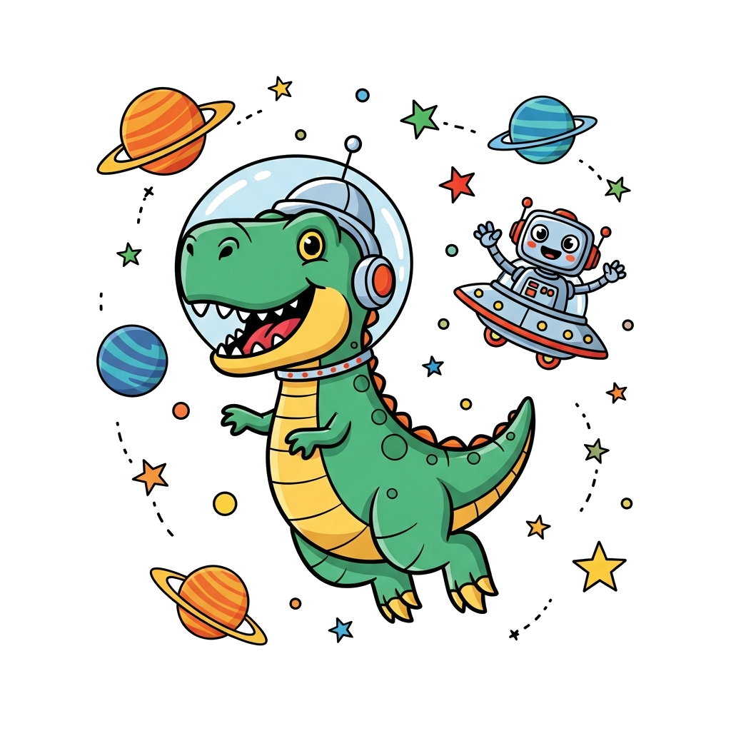 Custom design: A cheerful cartoon T-Rex dinosaur wearing a tiny astronaut helmet, floating happily in a vibrant, star-filled outer s...