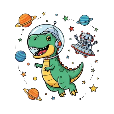 Design: A cheerful cartoon T-Rex dinosaur wearing a tiny astronaut helmet, floating h...