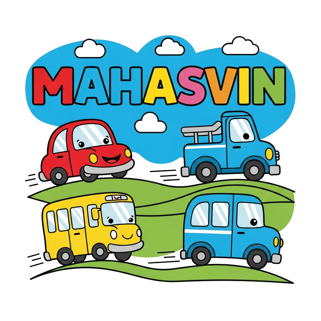 Custom design: A cheerful illustration of various cute cartoon vehicles like a smiling car, a friendly truck, and a happy bus, all d...
