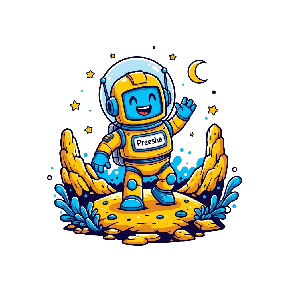 Custom design: A cheerful cartoon robot explorer in a vibrant yellow and blue spacesuit, waving happily on a fantastical alien plane...