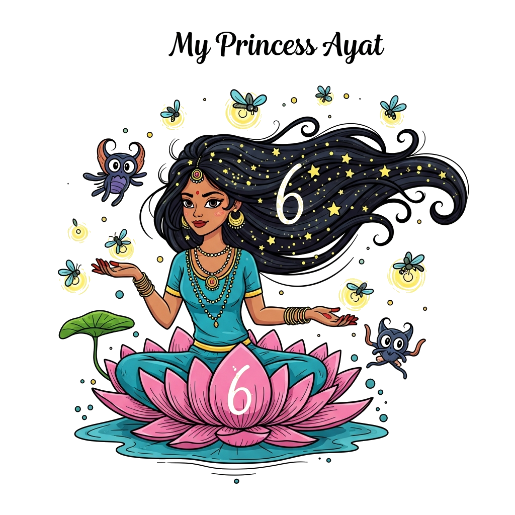 Custom design: A whimsical illustration of a beautiful Indian princess, 'My princess Ayat', with flowing dark hair adorned with magi...