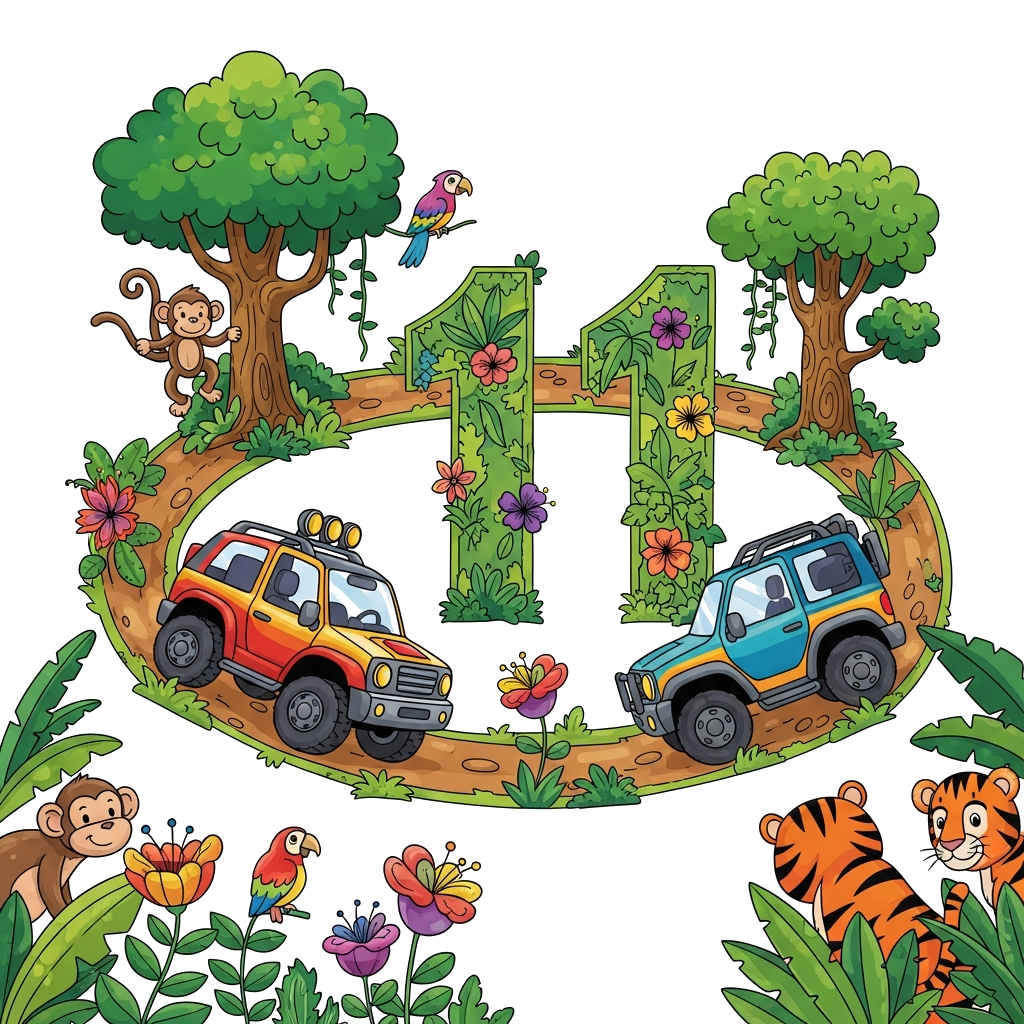Custom design: A vibrant and colorful illustration for 11-year-old Arjun and Kabeer, featuring two cool, stylized off-road vehicles ...