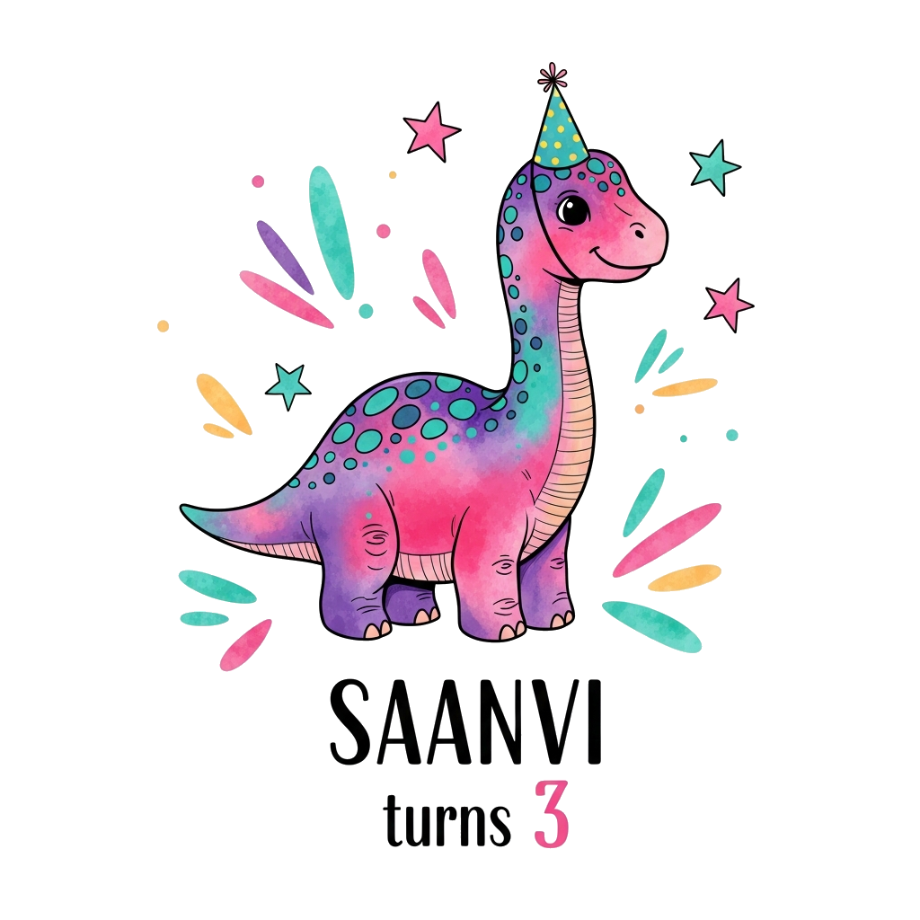 Custom design: A vibrant, artistic illustration of a friendly baby Brontosaurus, painted in a watercolor style with splashes of pink...