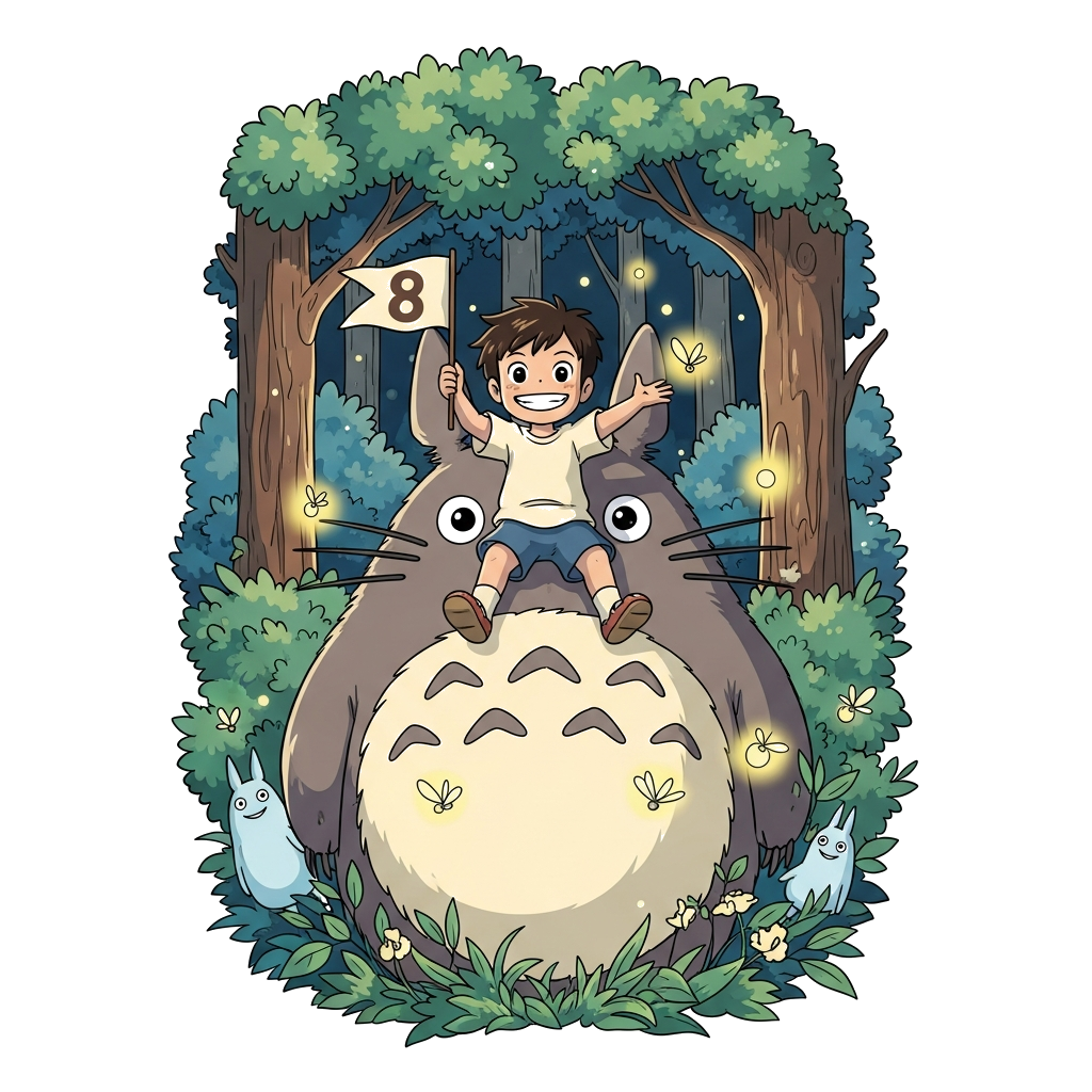 Custom design: A heartwarming Ghibli-style illustration of a cheerful 8-year-old boy with bright eyes, sitting on a giant, friendly ...