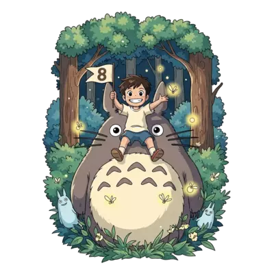 Design: A heartwarming Ghibli-style illustration of a cheerful 8-year-old boy with br...