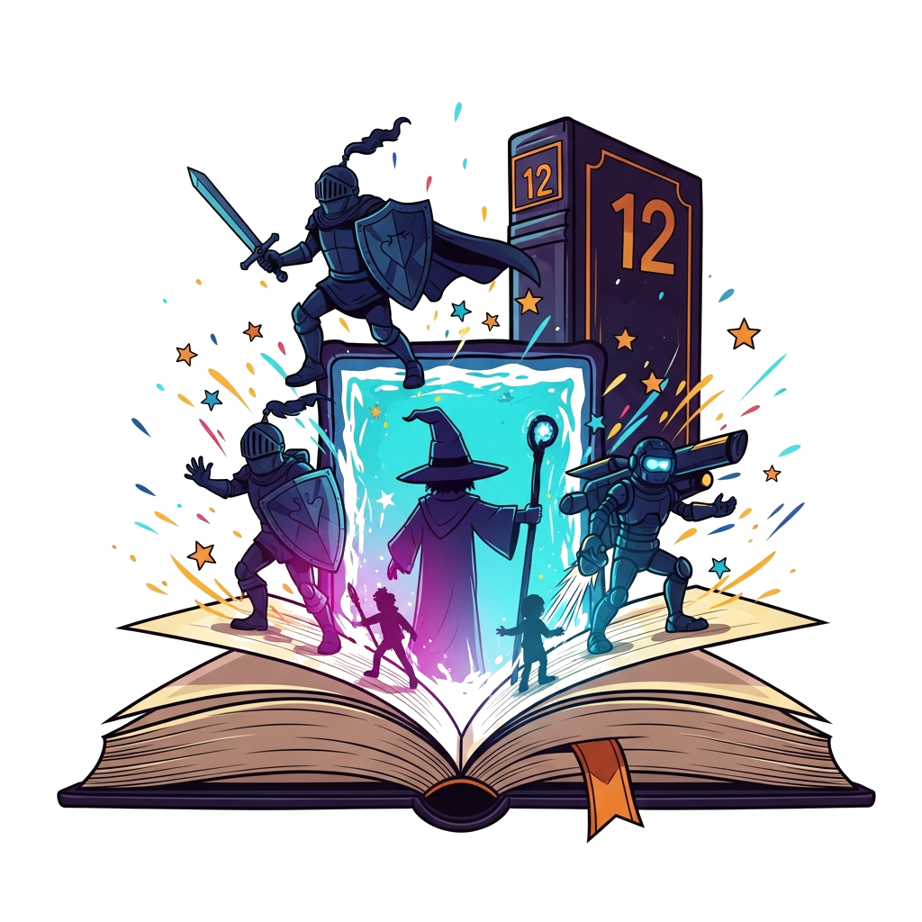 Custom design: A bold, dynamic illustration of a large, open fantasy book with glowing pages, from which a vibrant, stylized portal ...