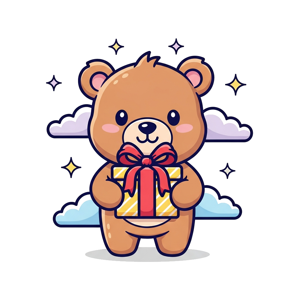 Custom design: A super cute cartoon baby bear holding a small, beautifully wrapped gift box with a big ribbon, surrounded by tiny sp...
