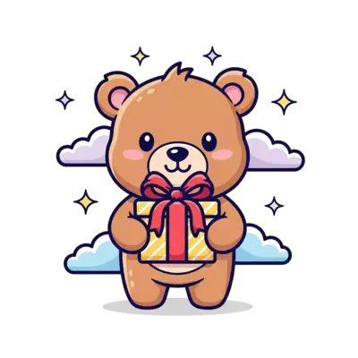 Design: A super cute cartoon baby bear holding a small, beautifully wrapped gift box ...