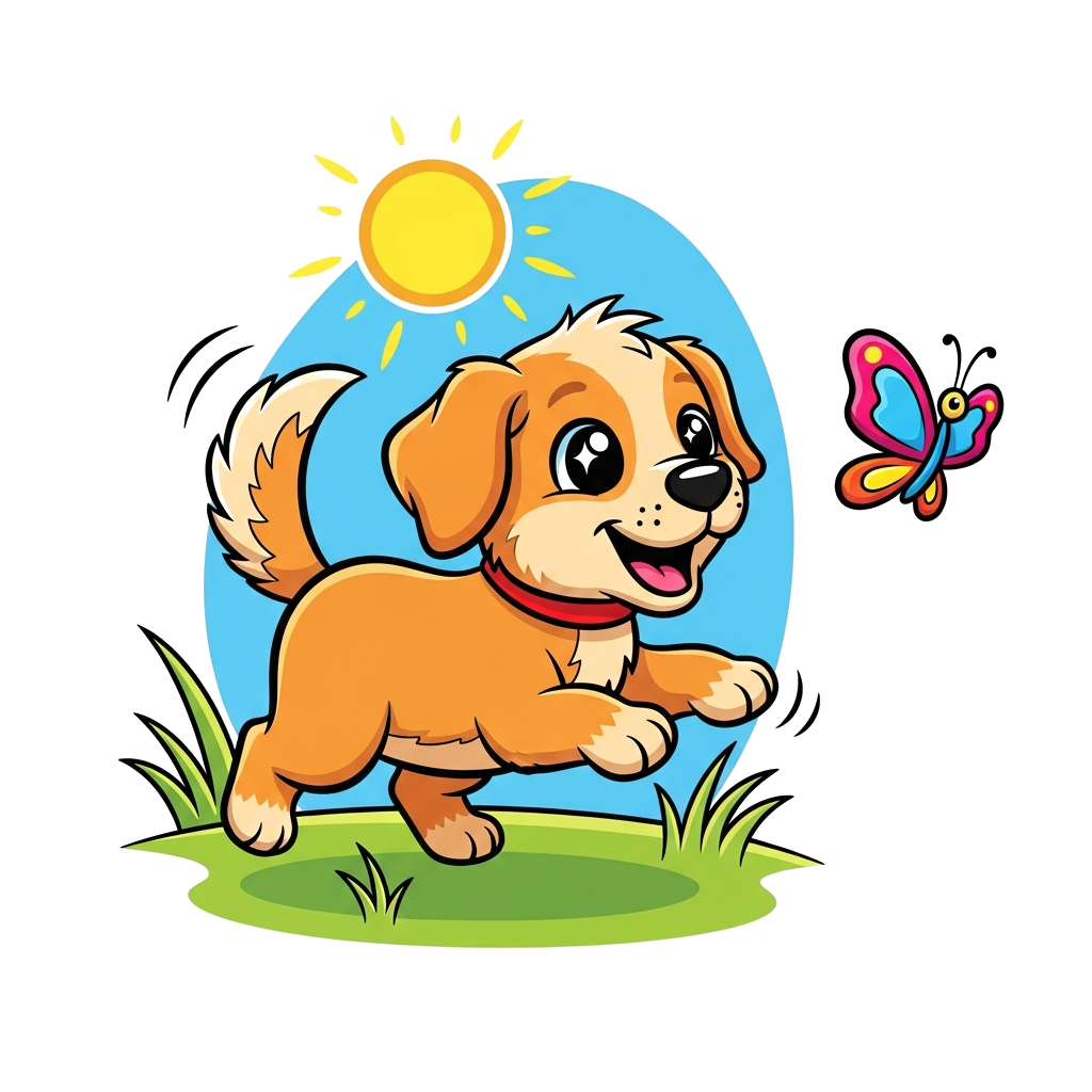 Custom design: A super cute cartoon golden retriever puppy with big, sparkling eyes, wagging its tail excitedly while chasing a colo...