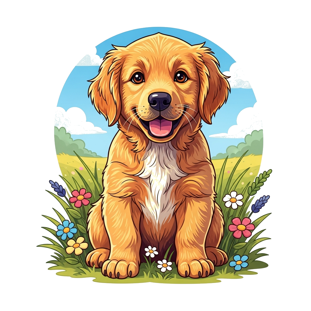 Custom design: A cheerful, realistic Golden Retriever puppy with bright, friendly eyes, sitting happily in a field of colorful wildf...