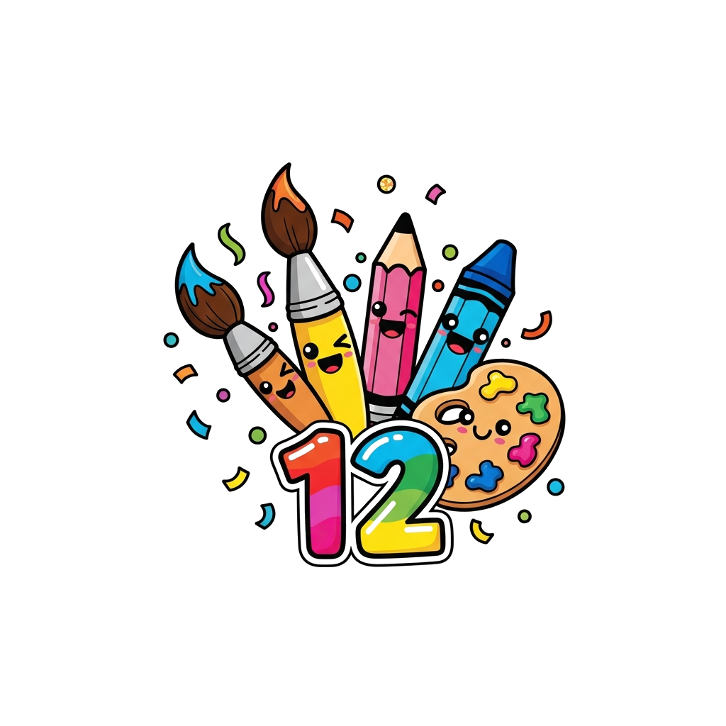 Custom design: A group of adorable, smiling cartoon art supplies – a happy paintbrush, a cheerful pencil, a winking crayon, and a jo...