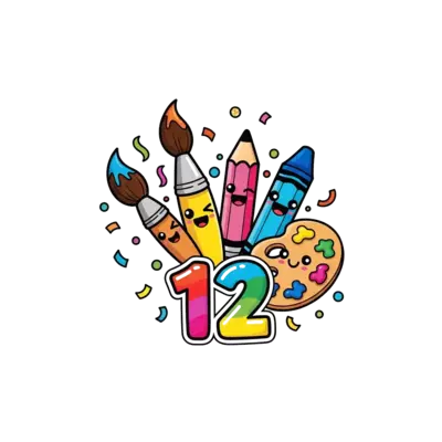 Design: A group of adorable, smiling cartoon art supplies – a happy paintbrush, a che...