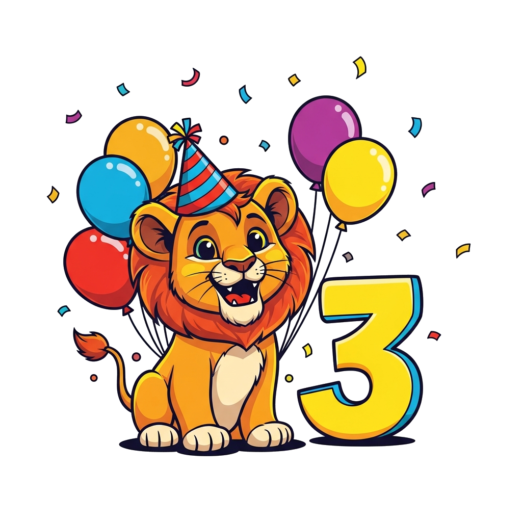 Custom design: A cheerful cartoon lion cub wearing a party hat, surrounded by colorful balloons and a big number '3', in a vibrant, ...