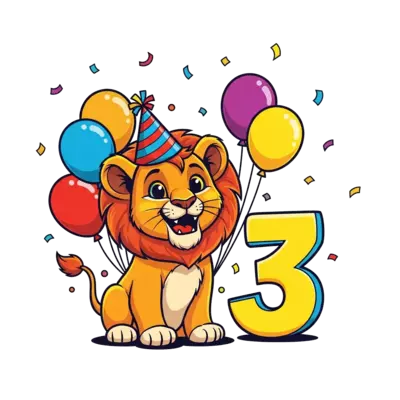 Design: A cheerful cartoon lion cub wearing a party hat, surrounded by colorful ballo...