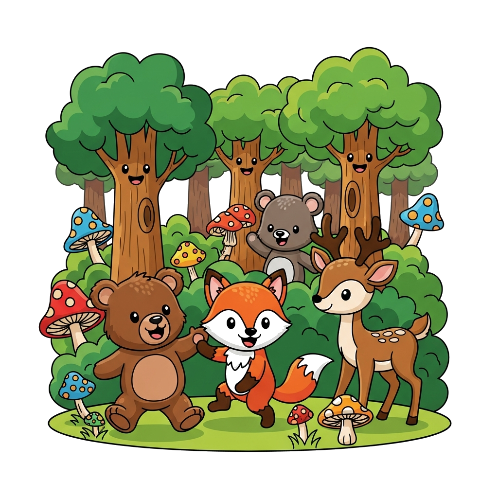 Custom design: A whimsical cartoon illustration of various cute forest animals like a bear cub, fox, and deer playing together in a ...
