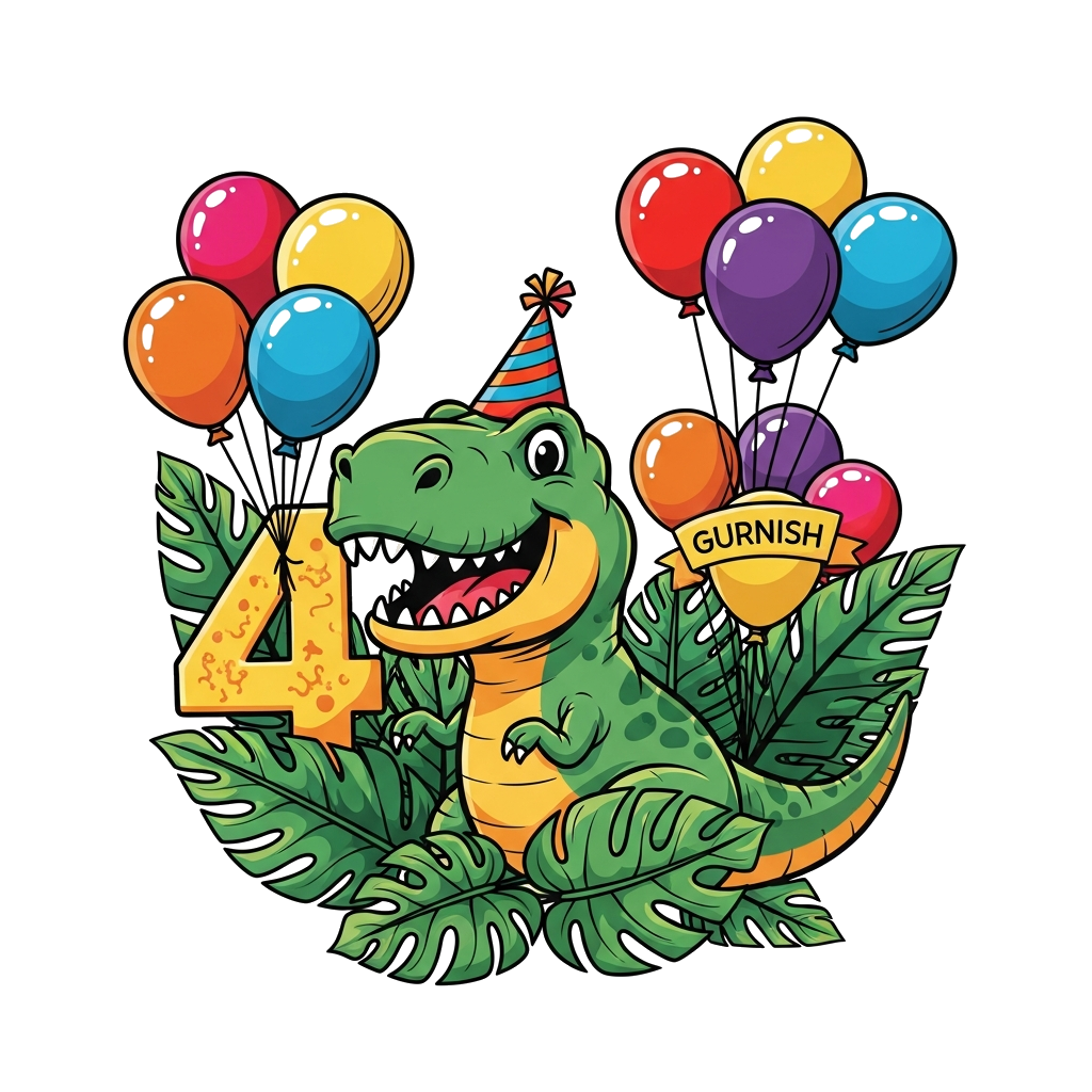 Custom design: A cheerful cartoon T-Rex with a party hat and a big smile, surrounded by jungle leaves, colorful balloons, and the nu...