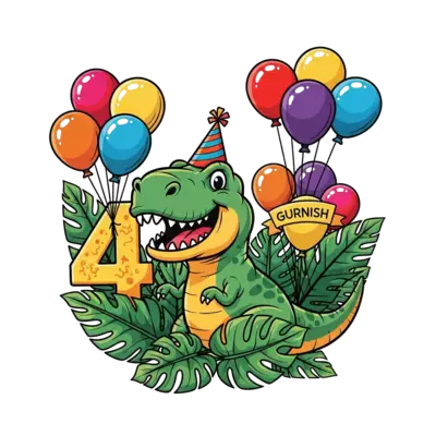 Design: A cheerful cartoon T-Rex with a party hat and a big smile, surrounded by jung...