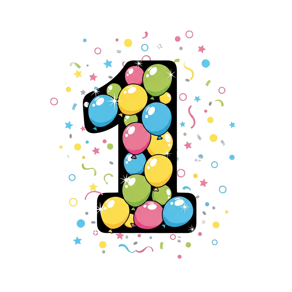 Custom design: A whimsical illustration of a giant number '1' made of colorful balloons, surrounded by a shower of sparkling confett...
