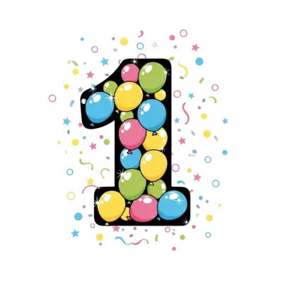 Design: A whimsical illustration of a giant number '1' made of colorful balloons, sur...