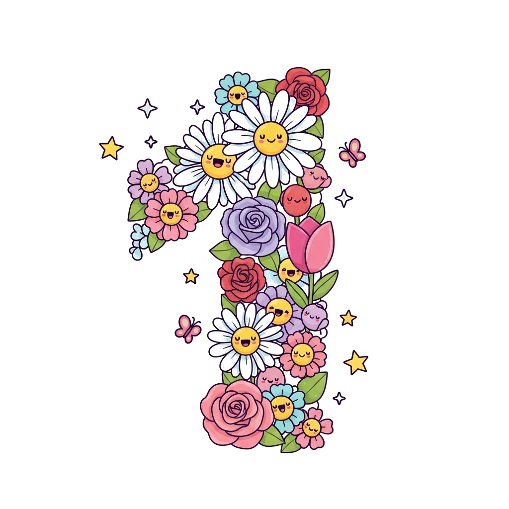 Custom design: A whimsical number '1' crafted from various cute, smiling cartoon flowers like daisies, roses, and tulips, surrounded...
