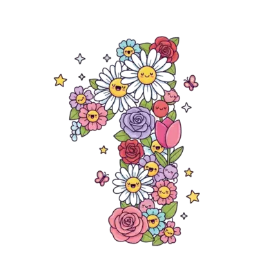 Design: A whimsical number '1' crafted from various cute, smiling cartoon flowers lik...