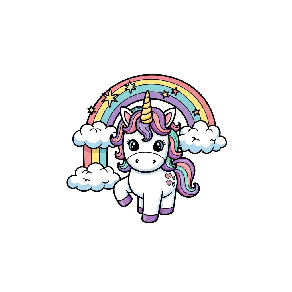 Custom design: A super cute baby unicorn with a sparkly horn, standing among fluffy clouds and a rainbow, in a cheerful cartoon styl...