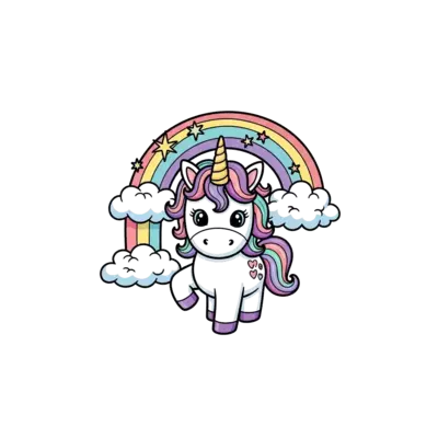 Design: A super cute baby unicorn with a sparkly horn, standing among fluffy clouds a...