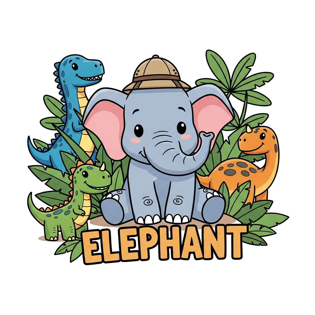 Custom design: A charming cartoon baby elephant wearing a tiny explorer's hat, surrounded by friendly cartoon dinosaurs and lush jun...