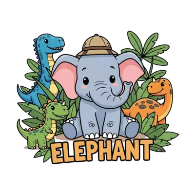 Design: A charming cartoon baby elephant wearing a tiny explorer's hat, surrounded by...
