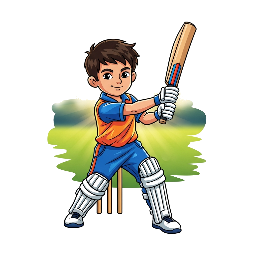Custom design: A vibrant illustration of a young Indian boy, around 7 years old, in a dynamic cricket batting stance, focused and sm...