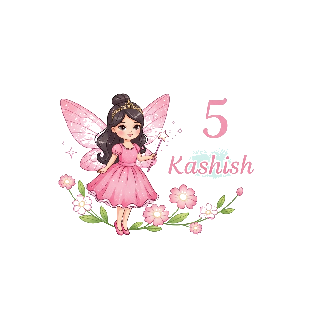 Custom design: A whimsical illustration of a cute fairy princess with sparkling pink wings, holding a magical wand, surrounded by gl...