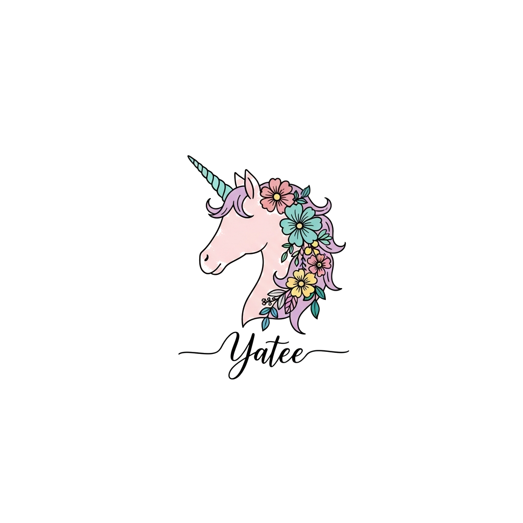 Custom design: A graceful unicorn silhouette with a delicate floral mane and horn, in soft pastel colors, with the name 'Yatee' eleg...