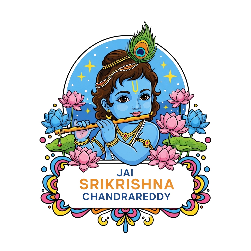 Custom design: A majestic, elegant illustration of a baby Lord Krishna holding a flute, adorned with a peacock feather, surrounded b...