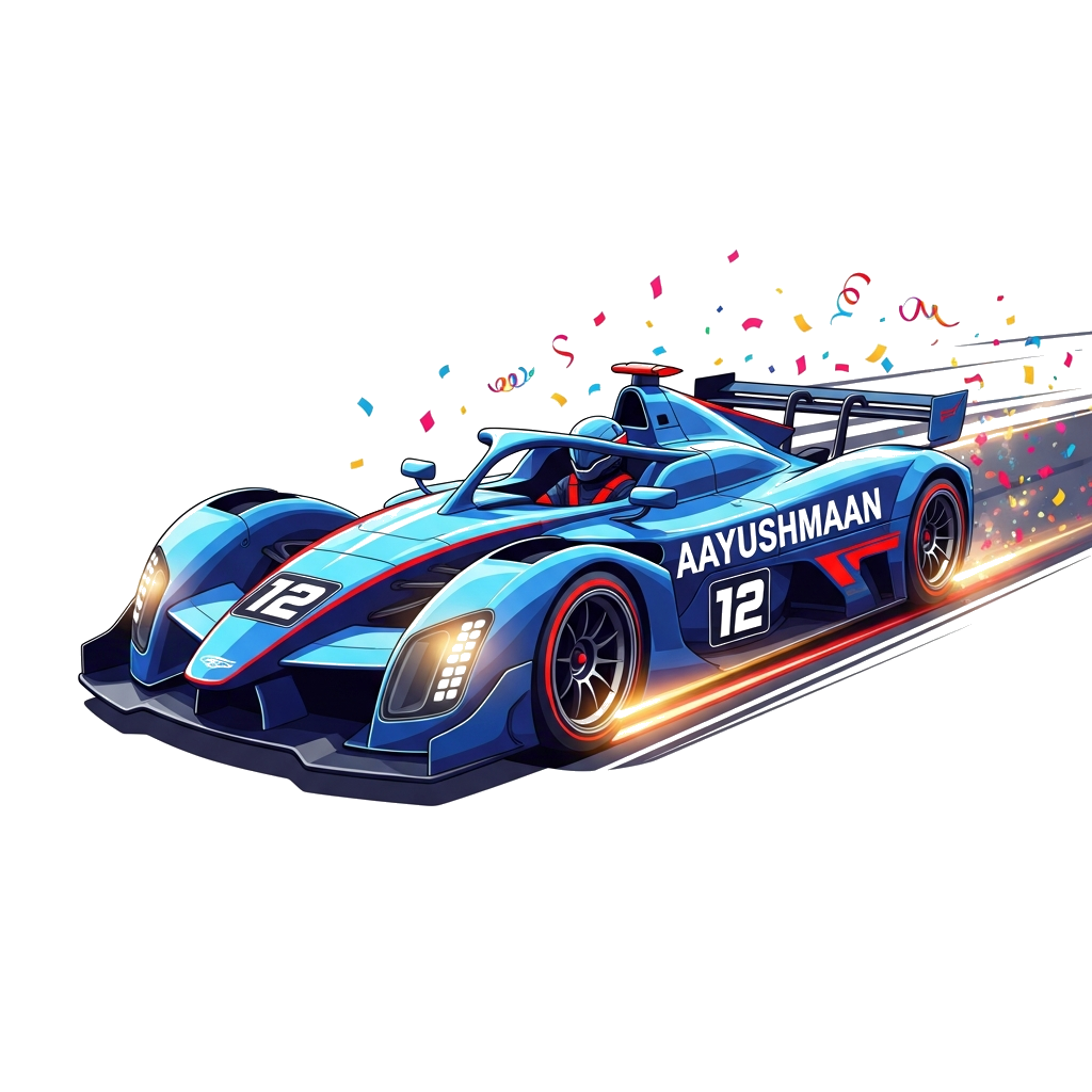 Custom design: A super cool, futuristic race car, number 12, with 'Aayushmaan' subtly integrated into the design, speeding on a trac...