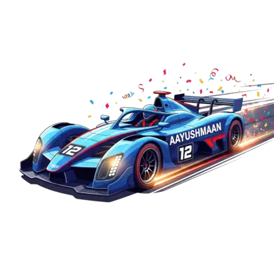 Design: A super cool, futuristic race car, number 12, with 'Aayushmaan' subtly integr...
