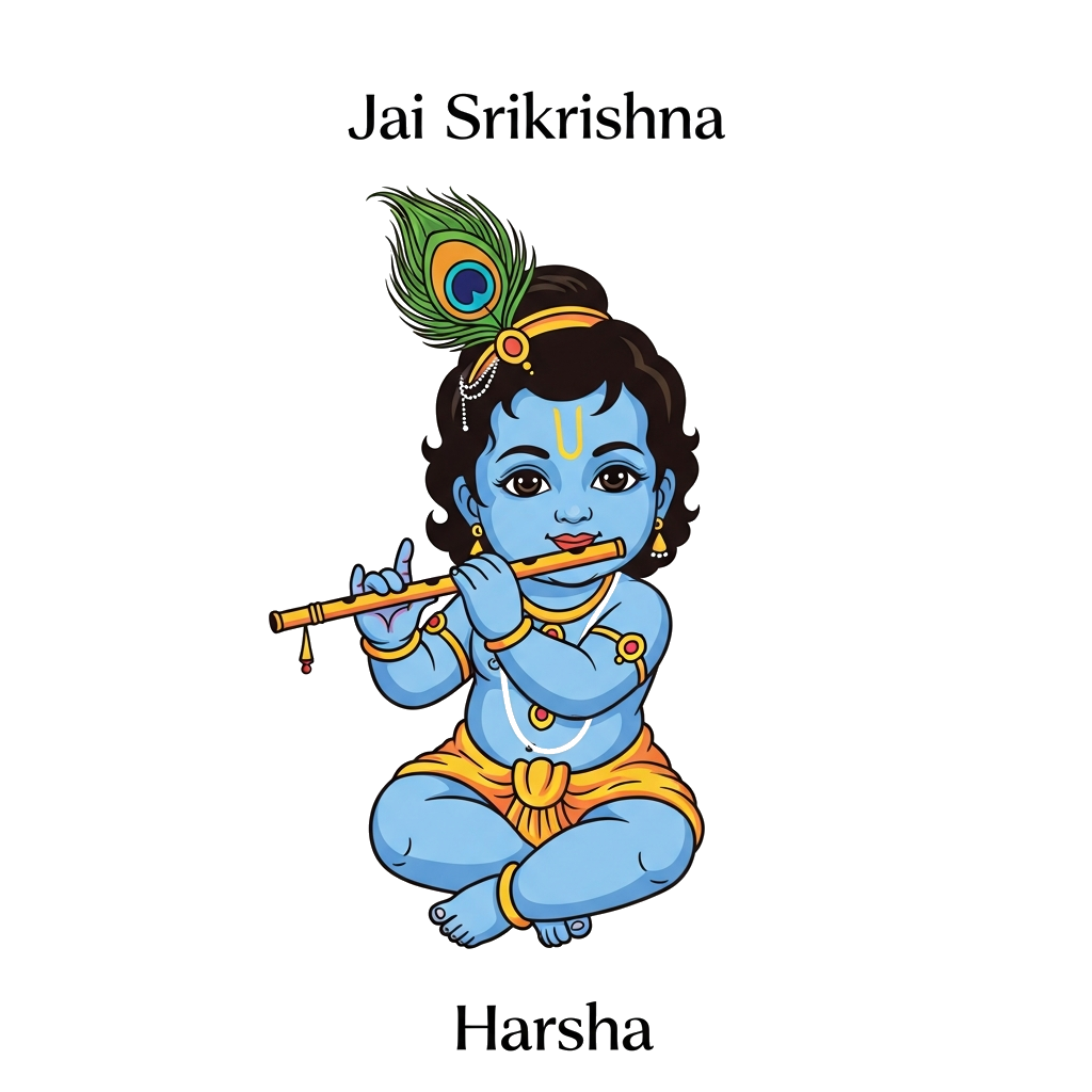 Custom design: A charming illustration of baby Krishna in a traditional pose, wearing a peacock feather crown and holding a flute, s...