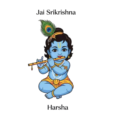 Design: A charming illustration of baby Krishna in a traditional pose, wearing a peac...