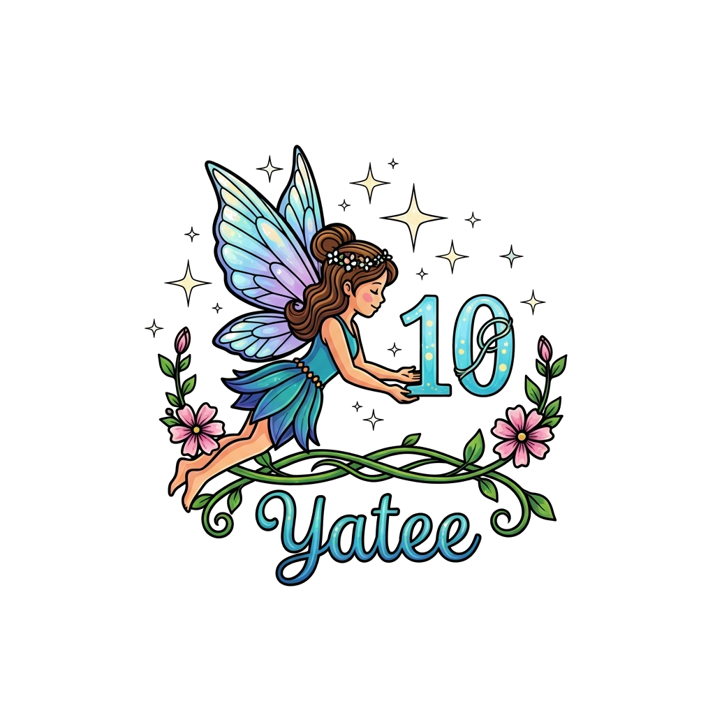 Custom design: A whimsical fairy with shimmering iridescent wings, gently holding a glowing number '10', surrounded by twinkling sta...