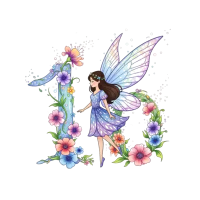 Design: A whimsical illustration of a graceful fairy with shimmering wings, surrounde...