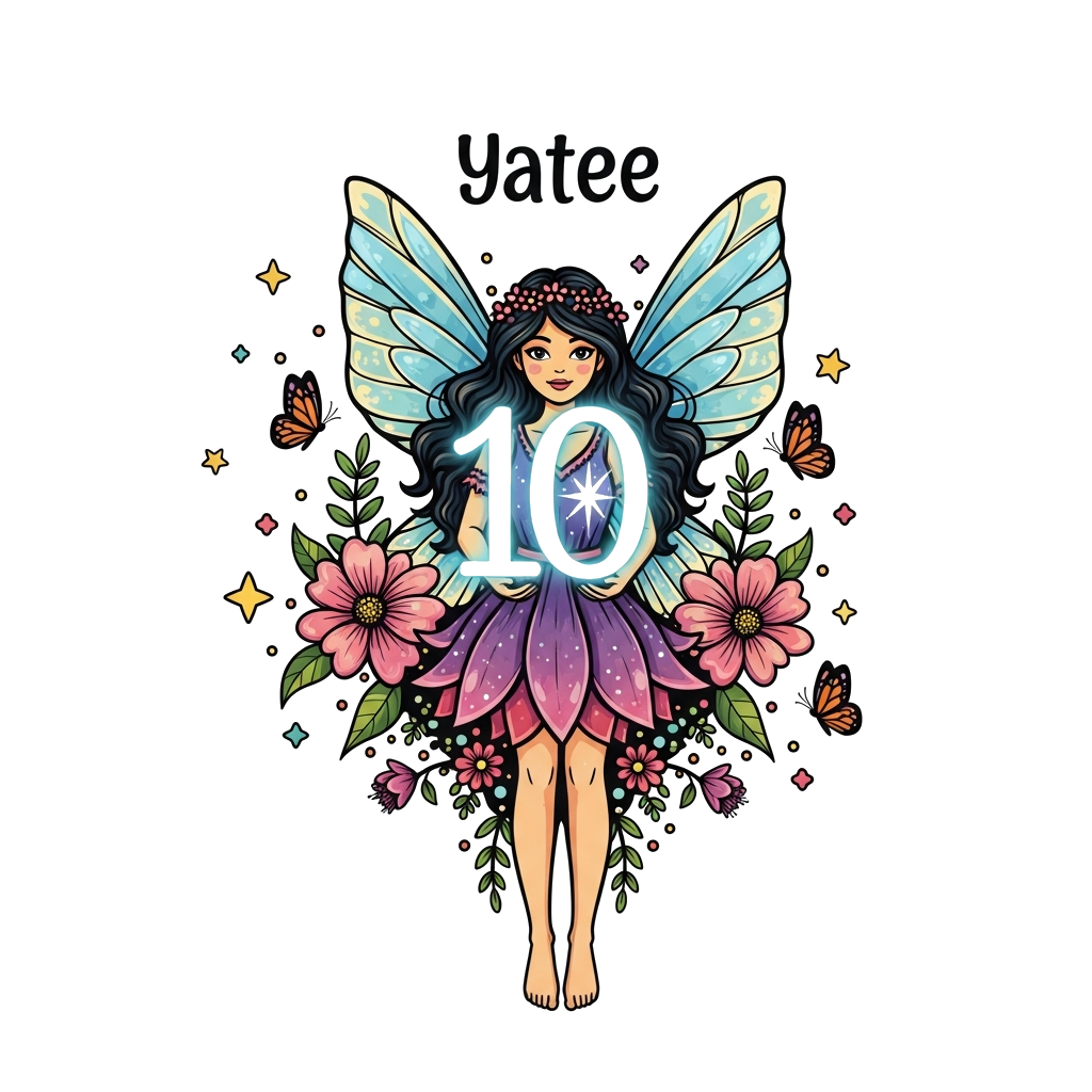 Custom design: A whimsical illustration of a beautiful fairy with sparkling wings, holding a glowing number '10', surrounded by magi...