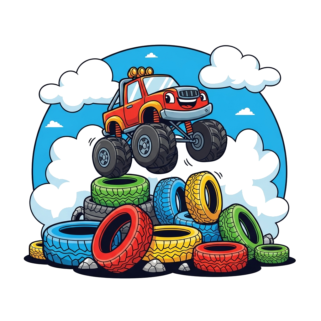 Custom design: A vibrant cartoon illustration of a friendly monster truck jumping over a pile of colorful tires, with a bright blue ...