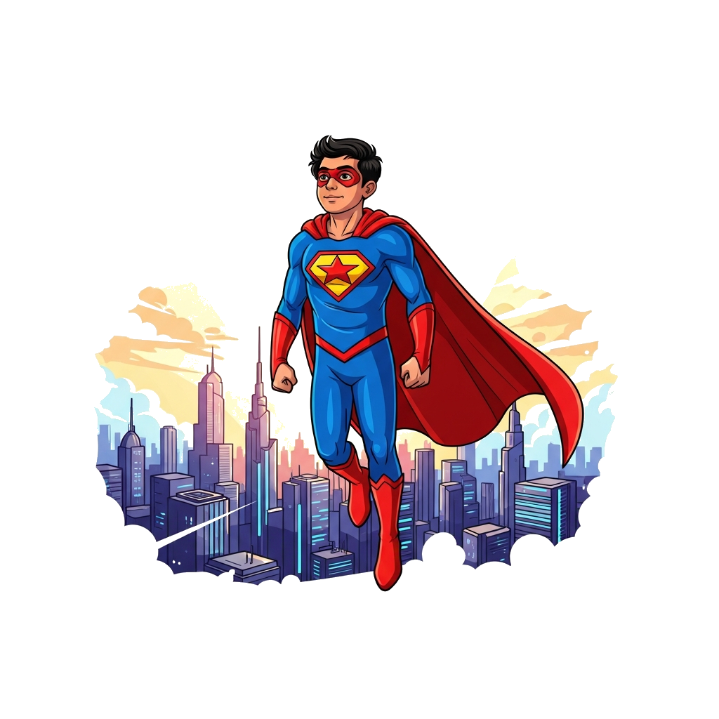 Custom design: A dynamic, realistic illustration of young Aadhav as a brave superhero, soaring through a vibrant, futuristic city sk...