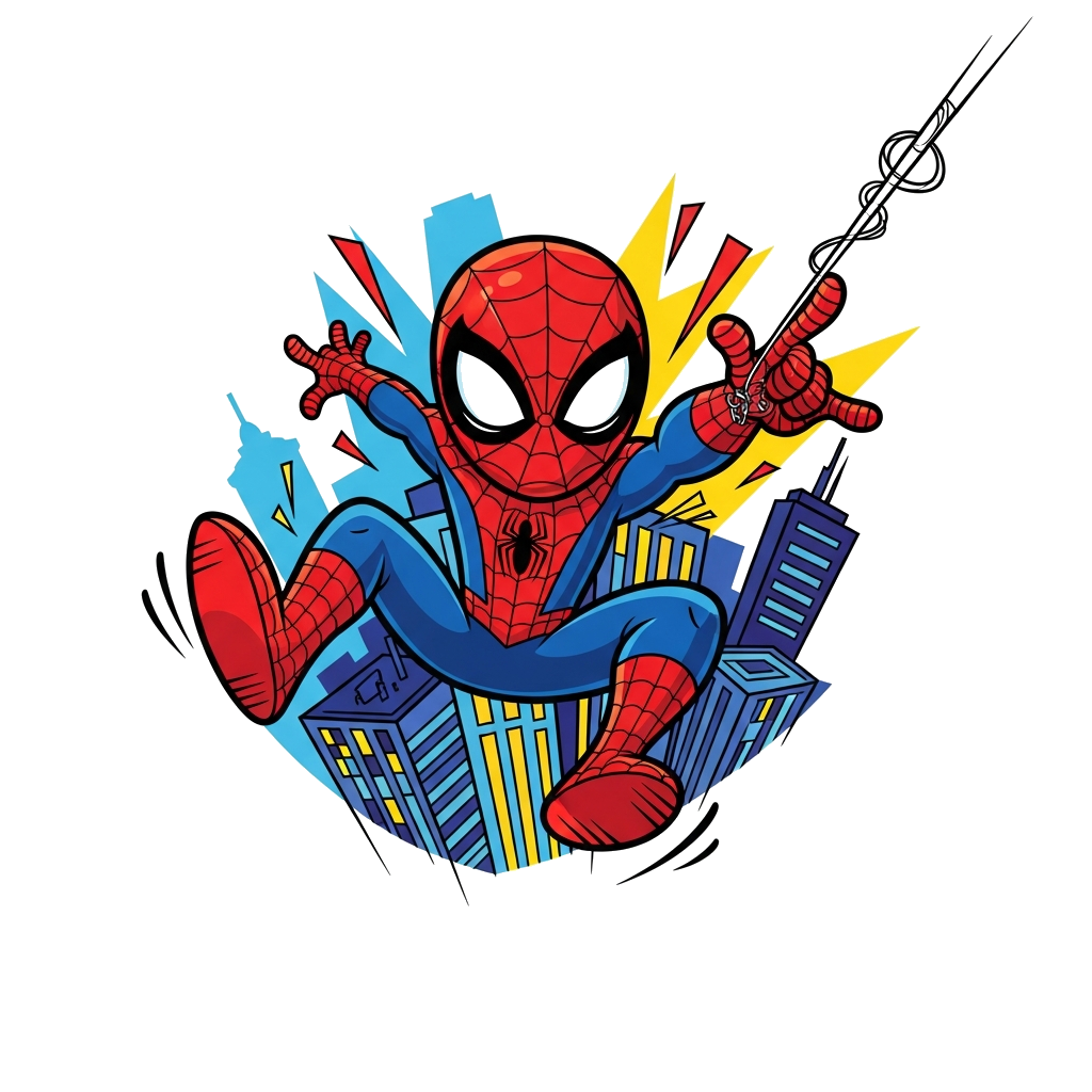 Custom design: A vibrant cartoon illustration of a cheerful Spider-Man swinging through a city skyline, with bright, exaggerated col...