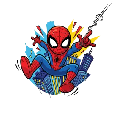 Design: A vibrant cartoon illustration of a cheerful Spider-Man swinging through a ci...