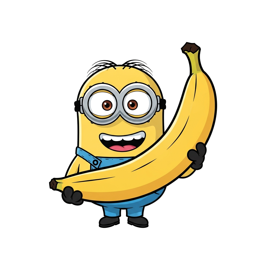 Custom design: A cheerful cartoon Minion character holding a giant banana, with a mischievous grin, vibrant and playful style, isola...